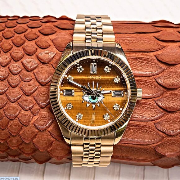 Timex x Jacquie Aiche Gold Evil Tiger's Eye Watch Womens Gold Quartz Analog MINT - Picture 2 of 11